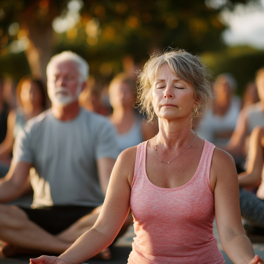 Жінка середнього віку практикує йогу