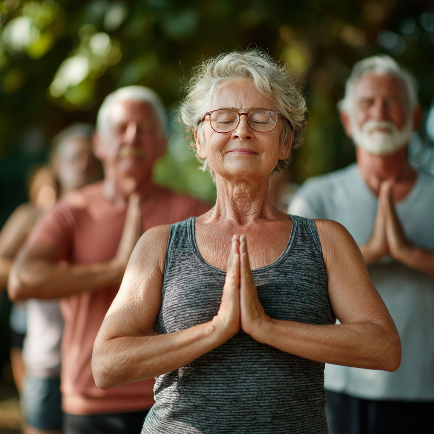 Група людей різного віку практикує йогу